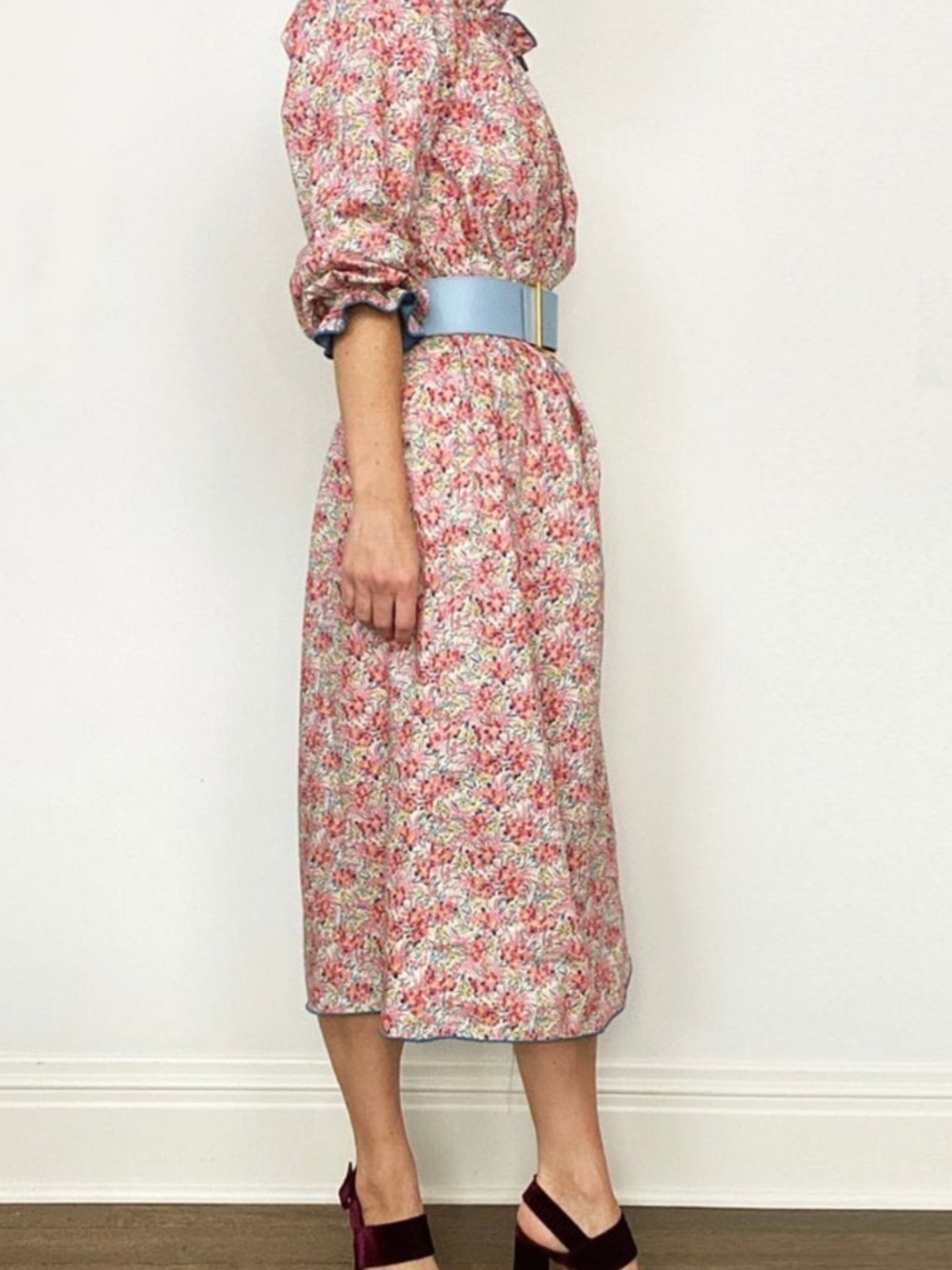 CASEY MARKS Blue Pink Floral Print 100% Cotton Dress Size Large EUC